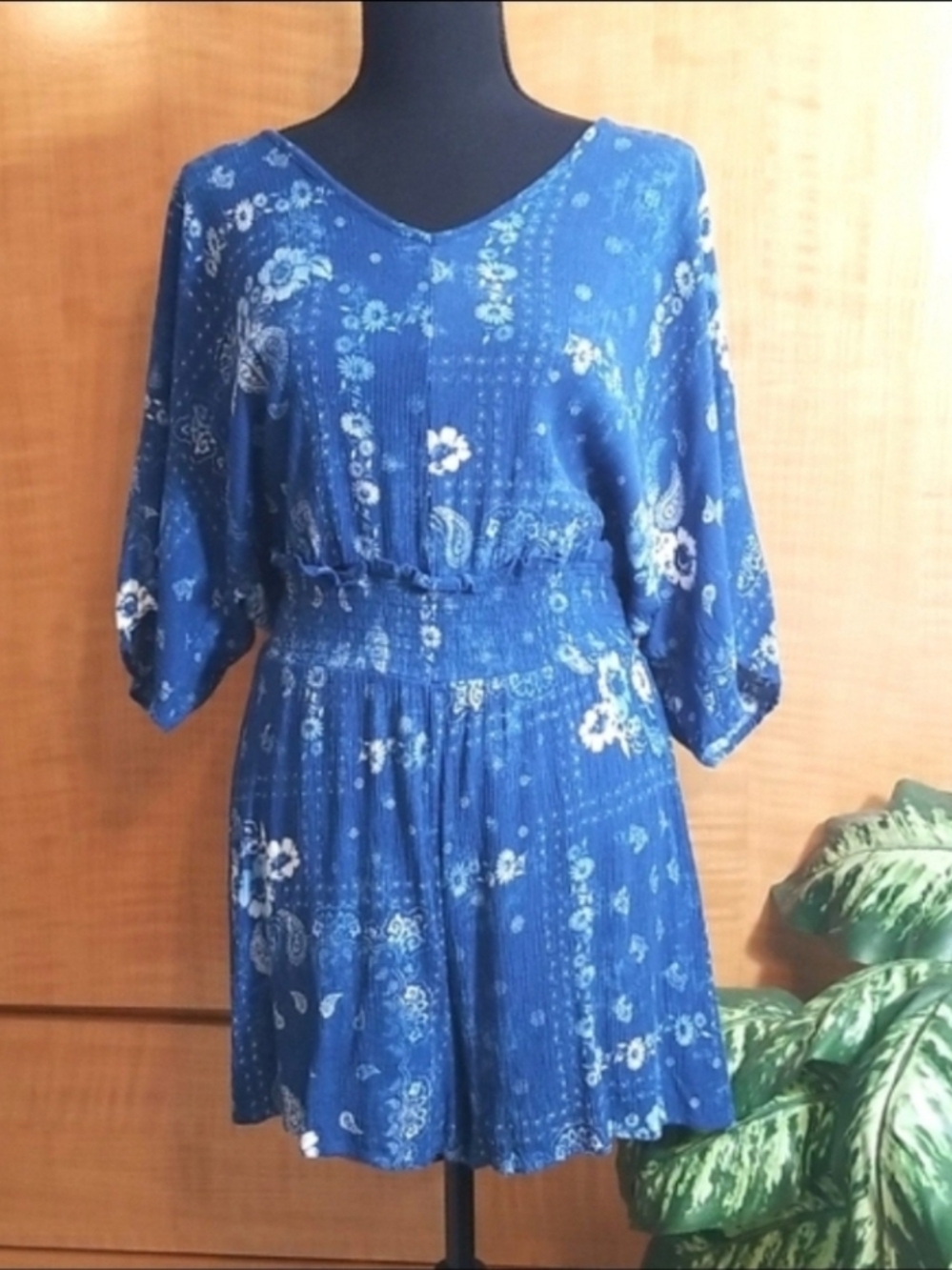 Blue Floral V-Neck Smocked Waist Romper